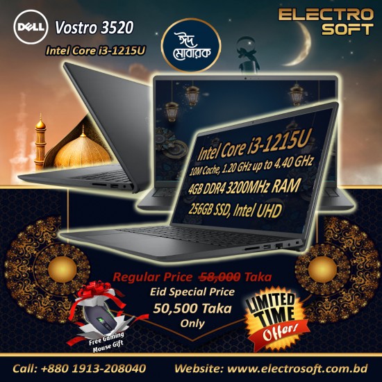 Dell Vostro 3520 Processor: Intel Core i3-1215U (10M Cache, 1.20 GHz up to 4.40 GHz) RAM: 4GB DDR4 3200MHz Storage: 256GB SSD Graphics: Intel UHD Dell Vostro 3520 Processor: Intel Core i3-1215U (10M Cache, 1.20 GHz up to 4.40 GHz) RAM: 4GB DDR4 3200MHz Storage: 256GB SSD Graphics: Intel UHD