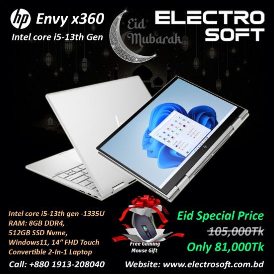 HP Envy x360 i5 | Intel Core i5-13th Gen | 8GB RAM | 512GB SSD NVMe | 14″ FHD Touch Convertible 2-in-1 Laptop | Windows 11