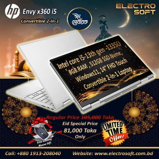 HP Envy x360 i5 | Intel Core i5-13th Gen | 8GB RAM | 512GB SSD NVMe | 14″ FHD Touch Convertible 2-in-1 Laptop | Windows 11