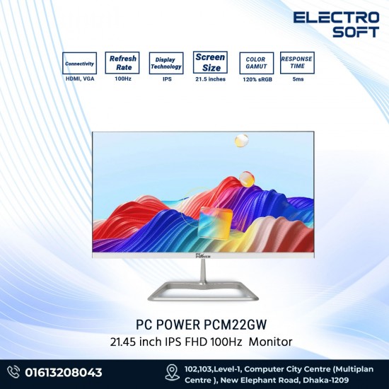 PC Power PCM22F 21.45 Inch FHD HDMI, VGA Silver Borderless Monitor