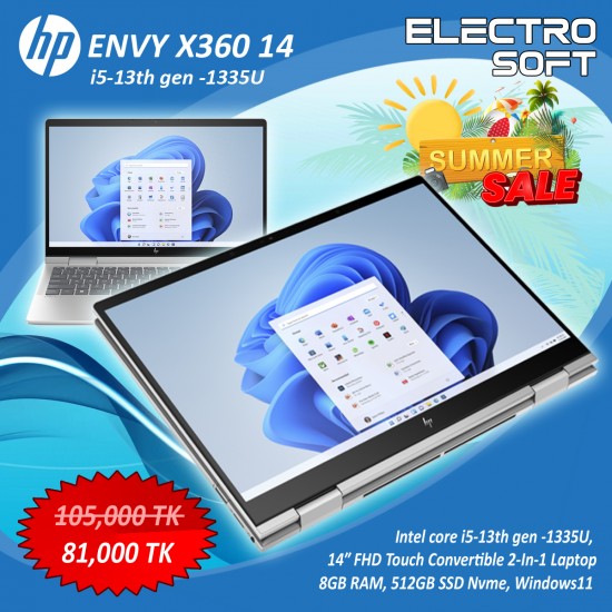 HP Envy x360 i5 | Intel Core i5-13th Gen | 8GB RAM | 512GB SSD NVMe | 14″ FHD Touch Convertible 2-in-1 Laptop | Windows 11